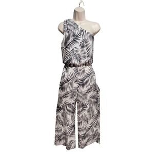 Sam Edelman Size 2 One Shoulder Black White Palm Fern‎ Wide Leg Jumpsuit